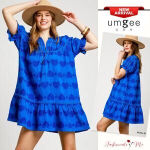 Umgee Heart Pattern Ruffle Short Sleeves Relaxed Babydoll Mini Dress | Royal